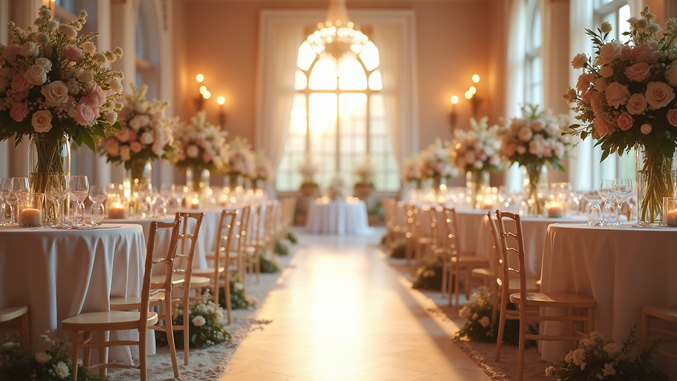 Wide angle view of a beautifully decorated wedding venue