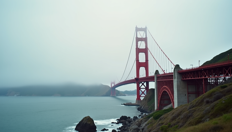 Eye-level view of the Golden Gate Bridge shrouded in morning fog