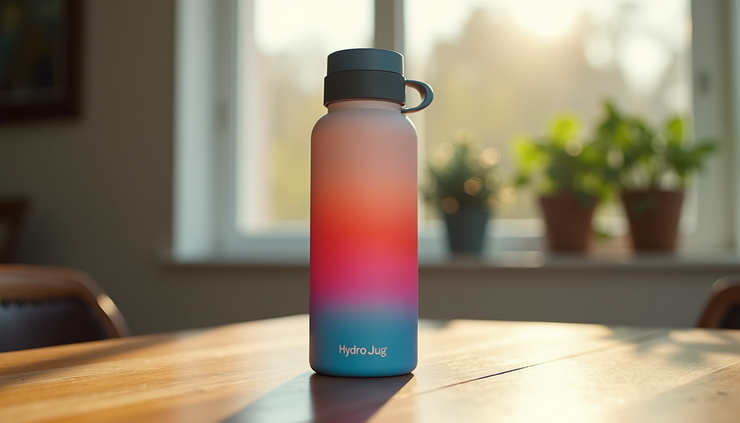 Close-up of a HydroJug water bottle with a colorful design on a wooden table