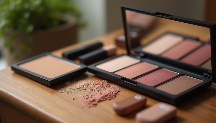 High angle view of makeup products including brown eyeliner, mascara, and lip balm arranged on a wooden table