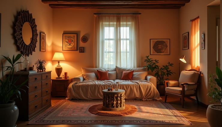 Eye-level view of a cozy room with zodiac-themed decorations and soft lighting