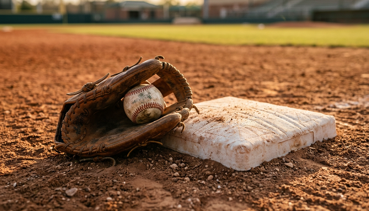 Close-up view of a baseball glove, a base, and a worn ball on infield dirt
