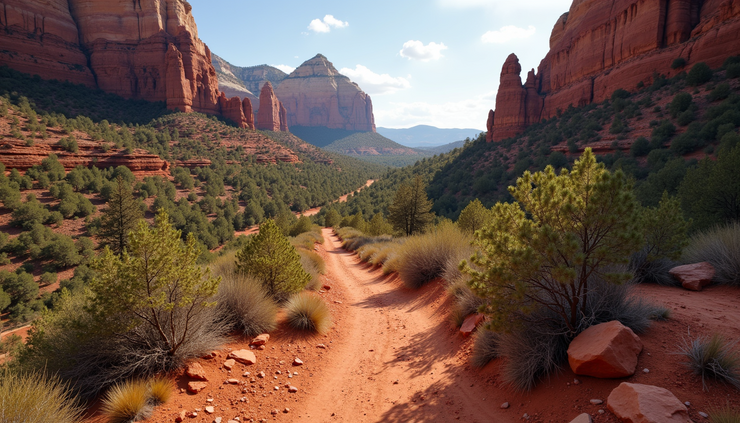 High angle view of a scenic mountain trail surrounded by red rock formations