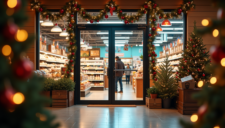 Eye-level view of grocery store entrance decorated for Christmas