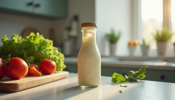 Eye-level view of a bottle of ranch dressing on a kitchen counter with fresh vegetables nearby