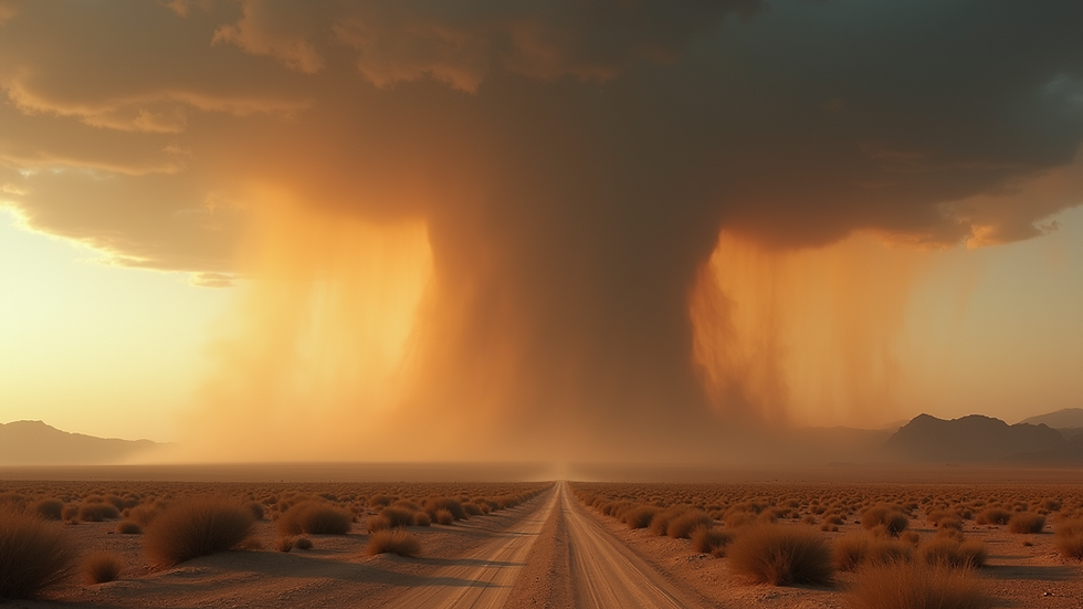 Wide angle view of a dust storm approaching a desert landscape