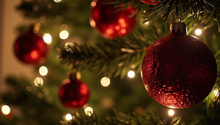 Close-up view of a Christmas tree with Stranger Things themed ornaments and lights