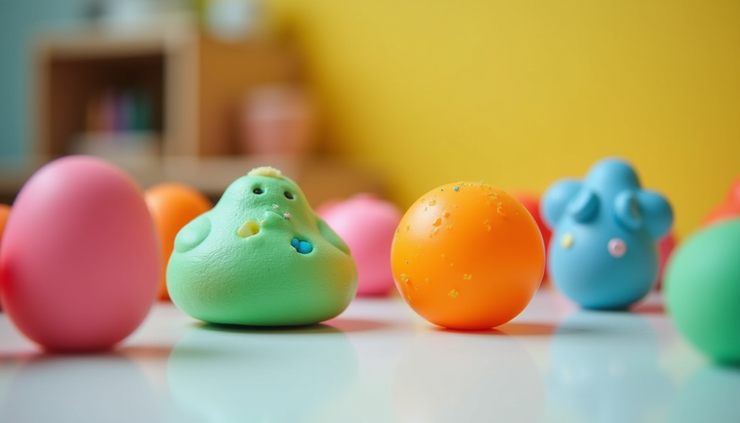 Close-up view of colorful squishy sensory toys arranged on a table