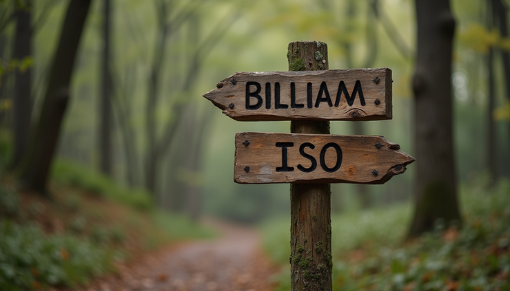 Eye-level view of a rustic wooden signpost with the names Billiam and Iso carved into it