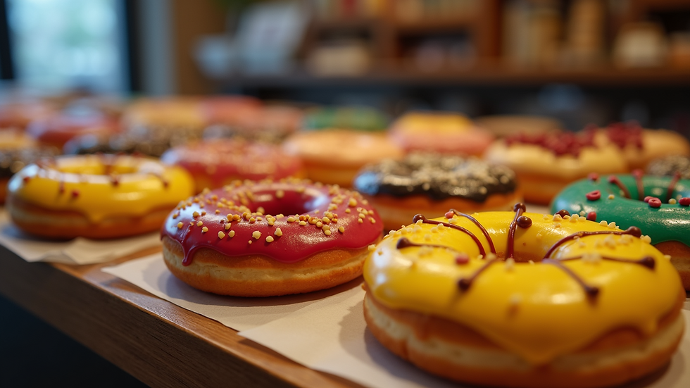 Eye-level view of a selection of Harry Potter doughnuts on display