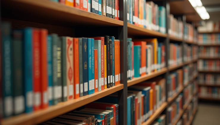 High angle view of a bookshelf filled with aesthetically designed books and colorful book tabs