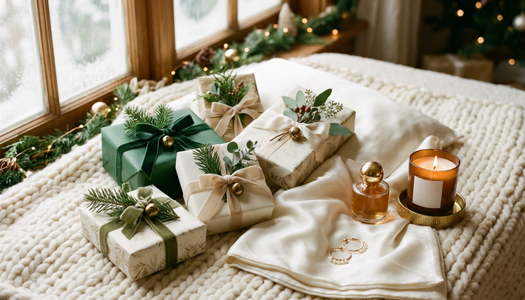 Overhead view of holiday gifts for women arranged on a soft cream blanket.