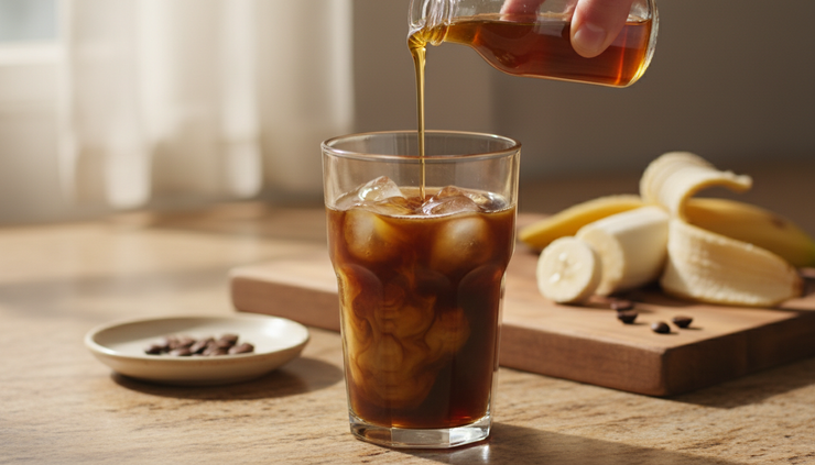 Eye-level view of banana syrup being poured into a cold brew glass