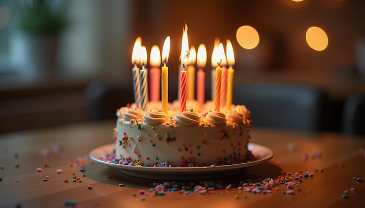 Eye-level view of a birthday cake with colorful candles lit