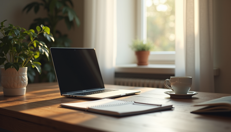 Eye-level view of a home workspace with a laptop and notebook
