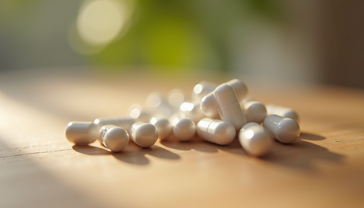 Close-up view of magnesium glycinate capsules on a wooden surface