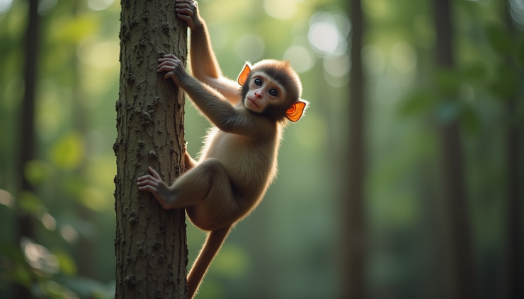 High angle view of a baby monkey clinging to a branch in a forest