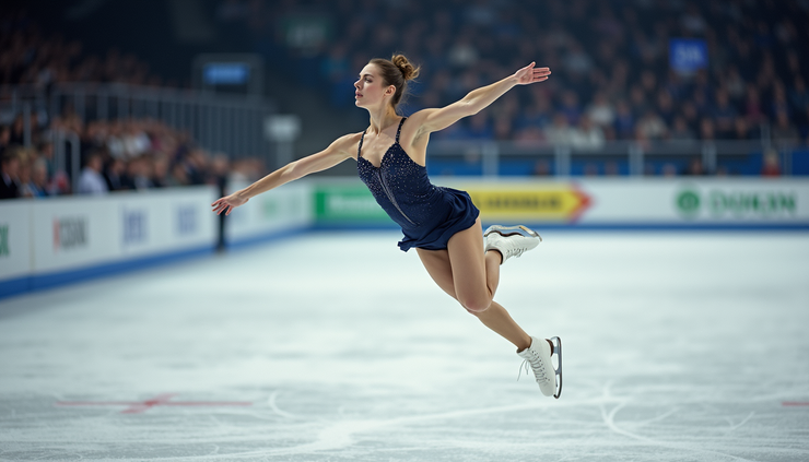 High angle view of figure skaters performing a jump during a competition