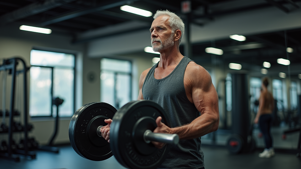 High angle view of a senior individual lifting weights in a bright gym