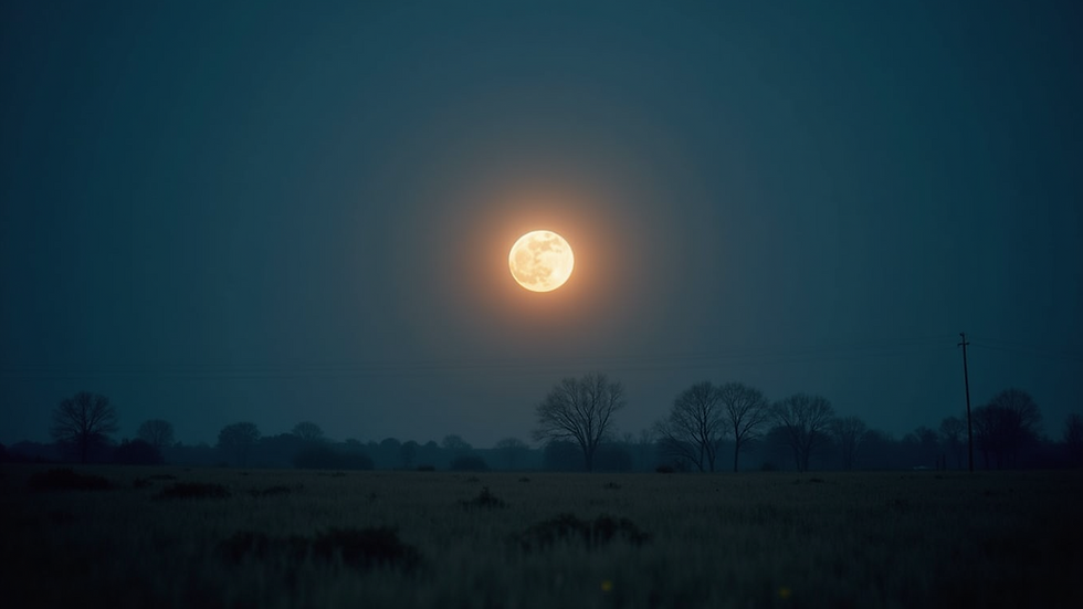 Wide angle view of a bright full moon illuminating a serene landscape