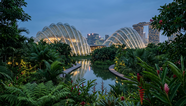 Wide-angle view of Singapore gardens with futuristic glass domes at dusk