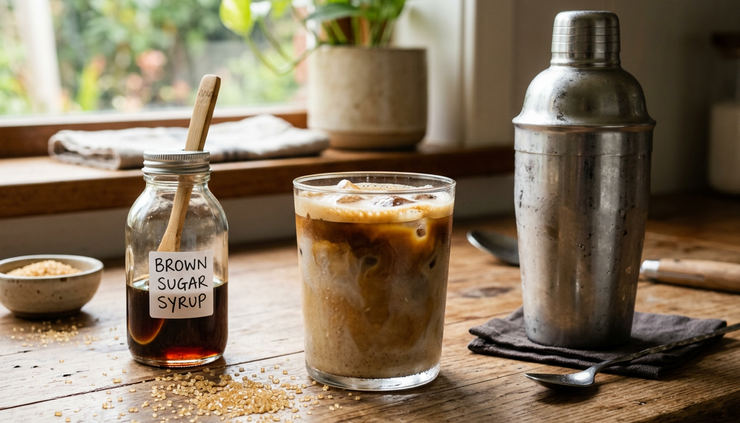 Eye-level view of brown sugar syrup beside an iced shaken espresso