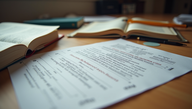 High angle view of engineering textbooks and scholarship application forms on a desk