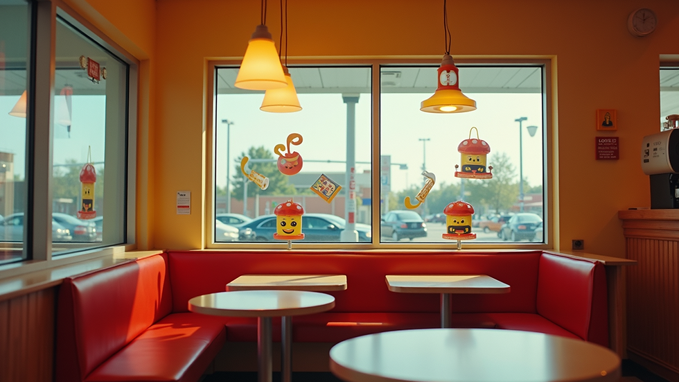 Eye-level view of a cozy McDonald's restaurant with colorful McDonaldland decorations