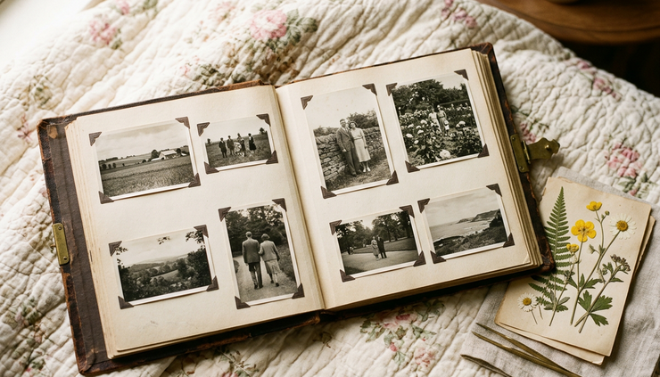 Overhead view of an open photo album on a quilt with pressed flowers beside it.