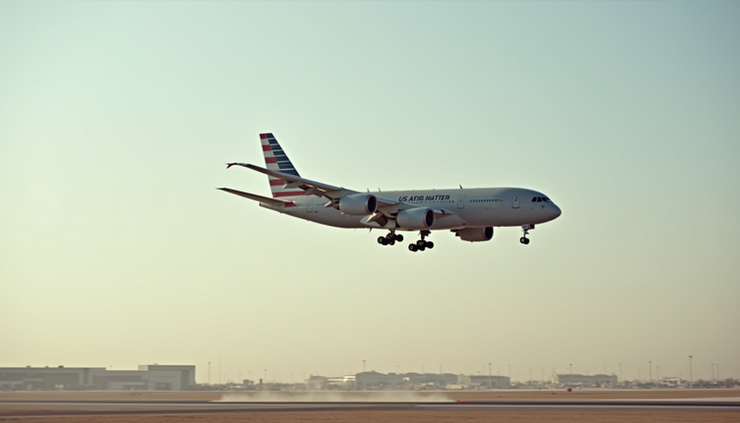 Eye-level view of a US military plane landing at an airport near Qatar