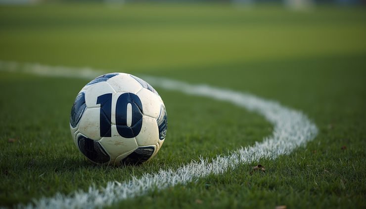High angle view of a soccer ball on a field with a number 10 jersey nearby