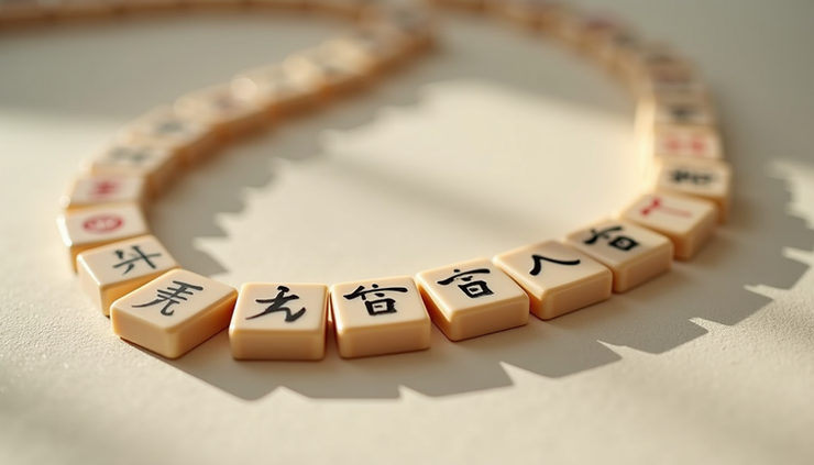 Close-up view of a mahjong necklace with intricate tile details