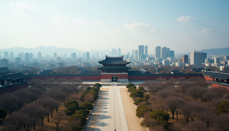 High angle view of Seoul's Gyeongbokgung Palace with city skyline in the background