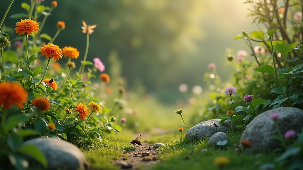 High angle view of a lush garden filled with various insects and plants