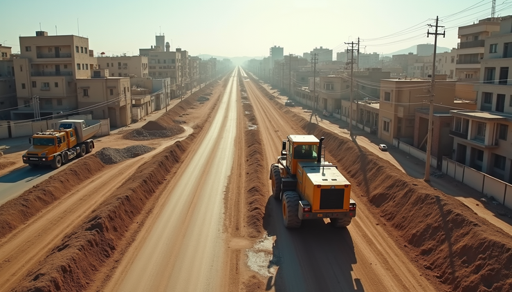 High angle view of construction machinery working on rebuilding a road in Gaza