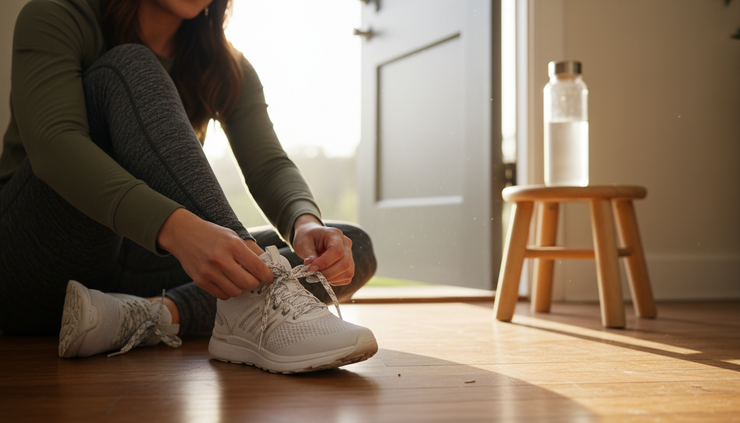 Close-up view of a woman tying her sneakers on a wooden floor
