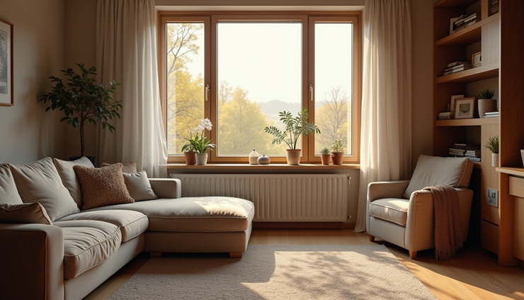 Eye-level view of a German living room with open windows for ventilation