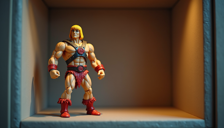 Close-up view of a He-Man action figure standing on a shelf
