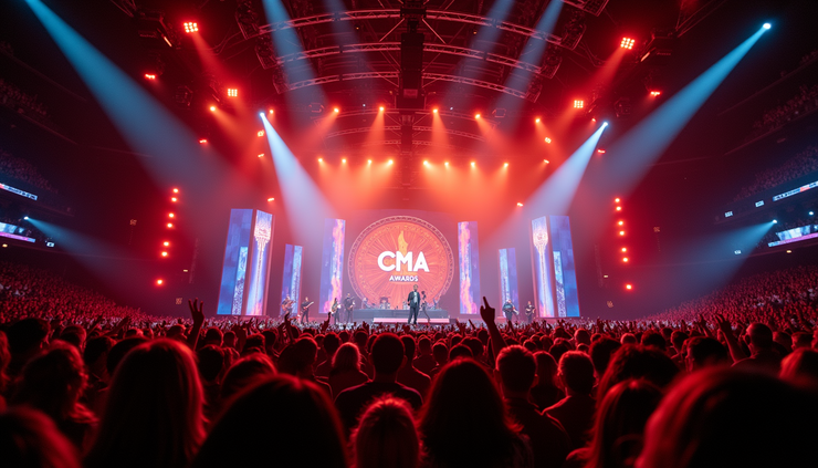 Wide angle view of CMA Awards stage with performers and audience
