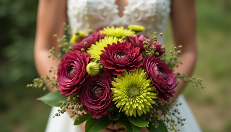 Eye-level view of a wedding bouquet featuring chartreuse and burgundy flowers