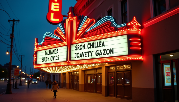 Eye-level view of a movie theater marquee displaying summer movie titles
