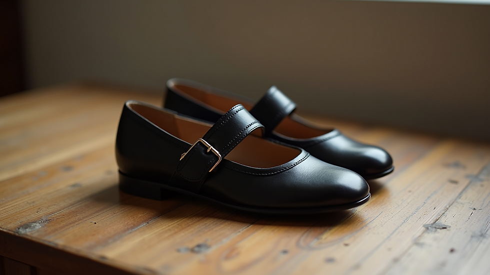 Close-up view of a pair of black Mary Janes on a wooden floor