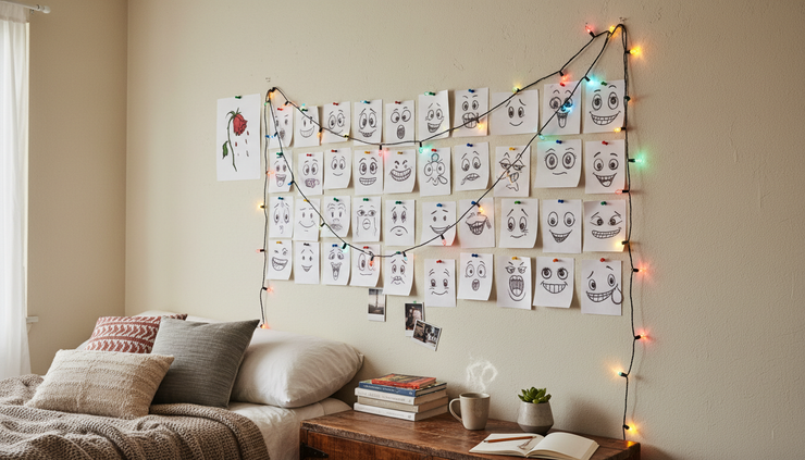 Wide-angle view of a bedroom wall covered with printed emoji sketches