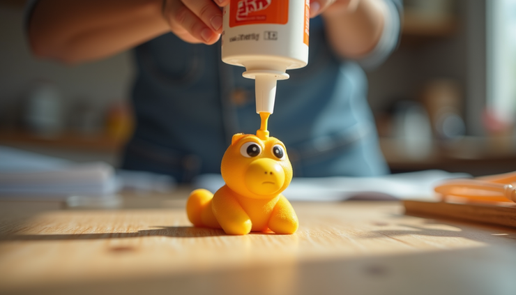Close-up view of a soft foam squishy toy being repaired with glue