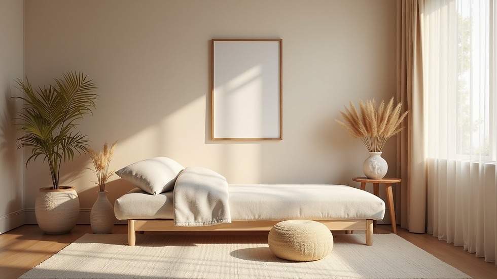 Eye-level view of a serene counseling room with comfortable seating