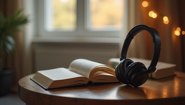 Eye-level view of a cozy reading nook with headphones and an audiobook playing device