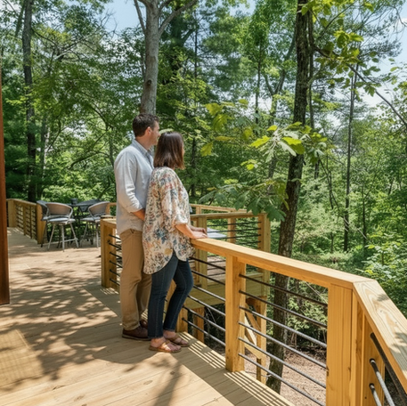 A man and woman on the back deck of Haven's Treehouse looking into the forest