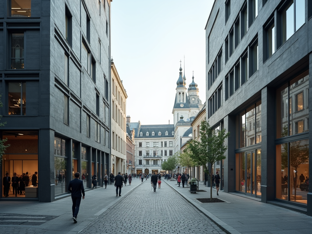 A wide scenic view of the Antwerp diamond district at dawn showing historical architecture and modern storefronts.