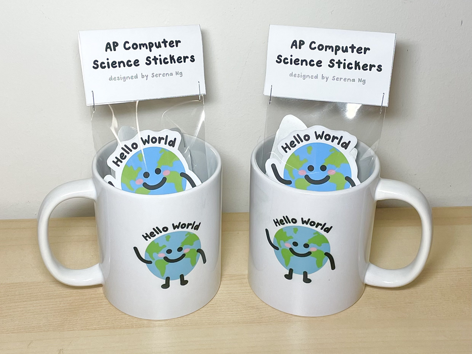 "Hello World" branded sticker packs and mugs