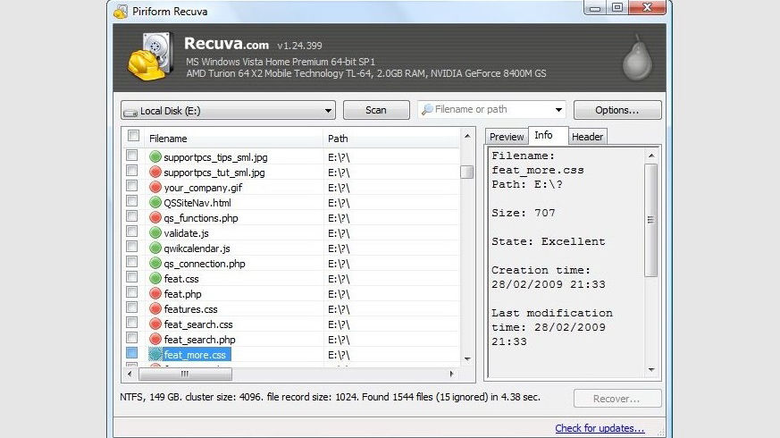 Giao diện phần mềm cứu dữ liệu Piriform Recuva.